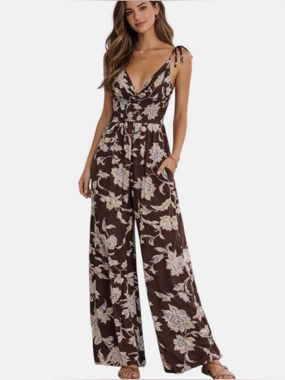 Patrons of Peace Arcadia Brown Floral Smocked Tie-Shoulder Wide-Leg Jumpsuit M
